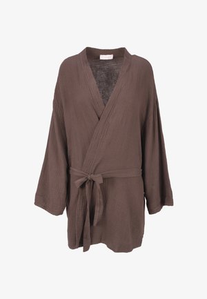 Braunes, strukturiertes Wickeloberteil mit weiten Ärmeln, einem tiefen V-Ausschnitt und einem Bindeband in der Taille. Hergestellt aus leichtem, knitterndem Stoff.