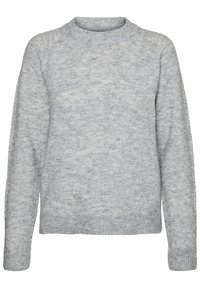 Jasnoszary sweter z okrągłym dekoltem, długimi rękawami i prążkowanymi mankietami. Wykonany z miękkiego, teksturowanego materiału o subtelnym wzorze.