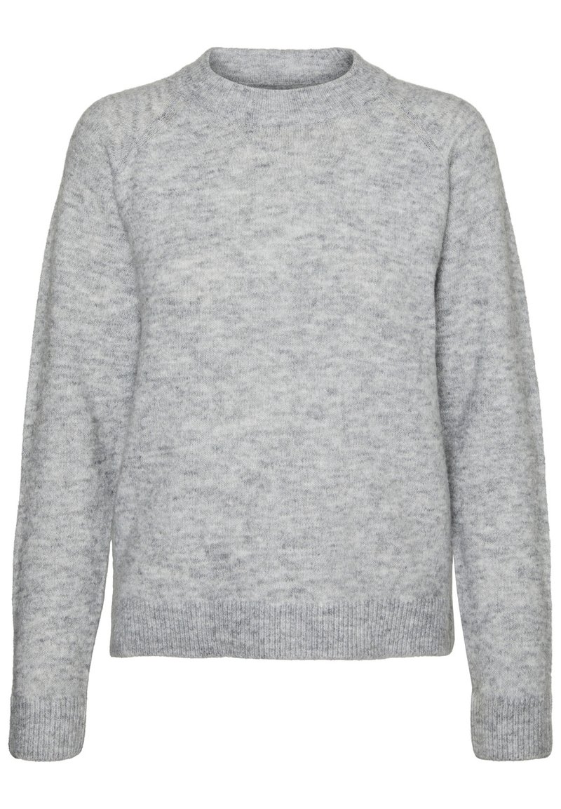 Jasnoszary sweter z okrągłym dekoltem, długimi rękawami i prążkowanymi mankietami. Wykonany z miękkiego, teksturowanego materiału o subtelnym wzorze.