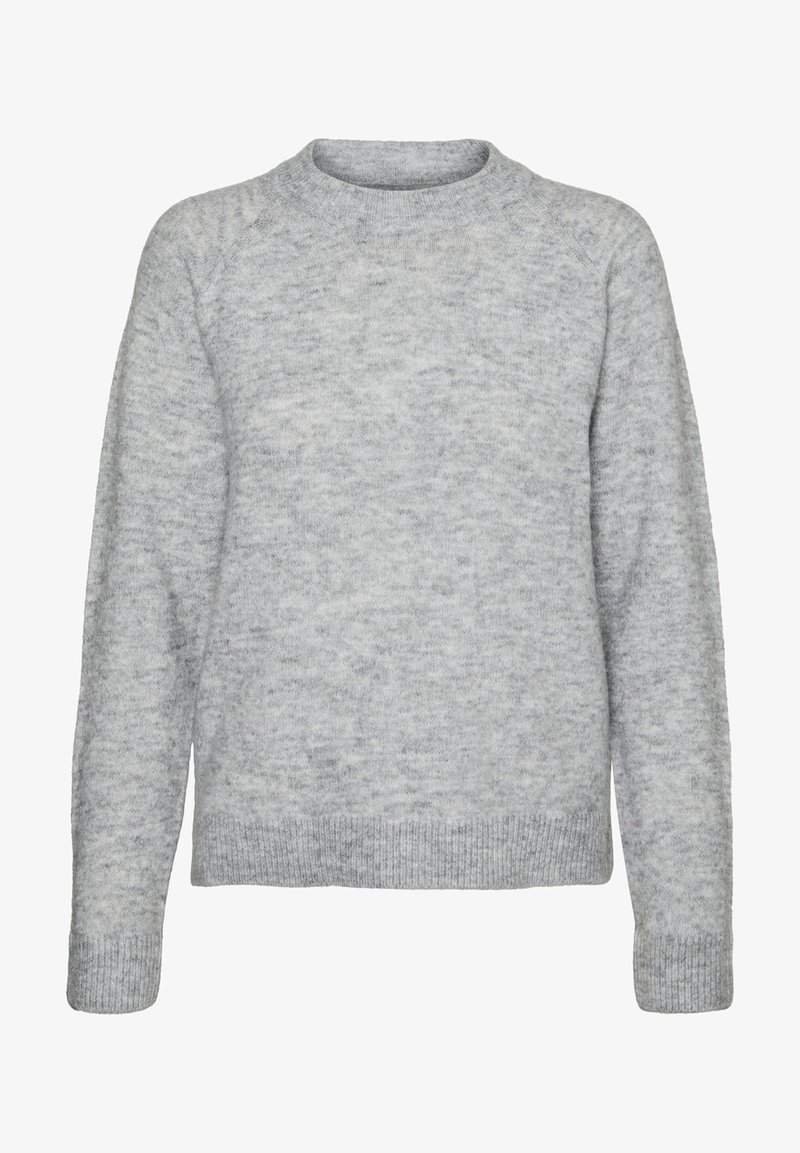 Jasnoszary sweter z okrągłym dekoltem, długimi rękawami i prążkowanymi mankietami. Wykonany z miękkiego, teksturowanego materiału o subtelnym wzorze.