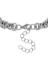 Collier en chaîne argenté avec des maillons ovales entrelacés et un fermoir en langouste, accompagné d'une chaîne d'extension pour un réglage de la longueur.
