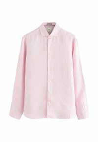 Lichtroze shirt met lange mouwen, gemaakt van linnen, met een button-down kraag, een voorplacket met witte knopen en een licht gebogen zoom.