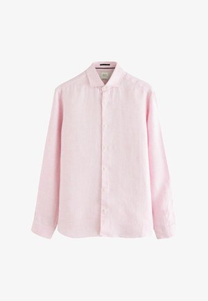 Helles rosa Langarmhemd aus Leinen, mit Button-Down-Kragen, Knopfleiste mit weißen Knöpfen und leicht abgerundetem Saum.