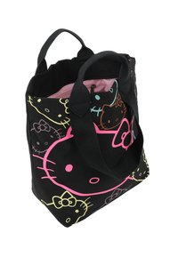 Borsa a tracolla nera con illustrazioni colorate di Hello Kitty. Presenta due manici robusti, un interno rosa e una tasca con zip.