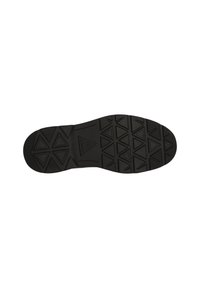 Zwarte rubberen schoenzool met een gestructureerd patroon van driehoekige en diamantvormige vormen voor grip en stabiliteit. Merklogo gedrukt.