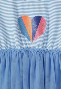 Blue striped dress featuring a glittery heart design in orange, pink, and blue. The skirt is in light blue tulle with gathered texture.