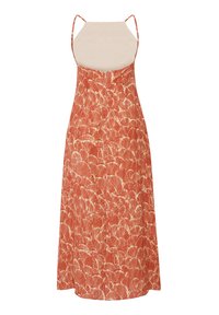 Maxikleid in rostorange mit Sahne-Muster, dünnen verstellbaren Trägern, tailliertem Oberteil und ausgestelltem Rockdesign. Ideal für warmes Wetter.