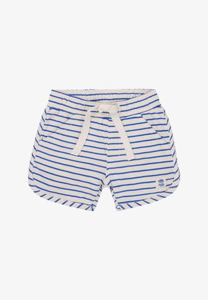 Białe szorty z poziomymi niebieskimi paskami, elastycznym paskiem w talii, białym sznurkiem, bocznymi kieszeniami i małą naszywką z logo na przednim brzegu.