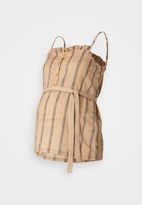 Graviditetstopp i lys beige med svarte vertikale striper. Har tynne stropper, en volangkant i halsen, frontknapper og en knyttet midje for ekstra preg.