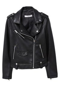 Musta nahkainen motoristitakki, jossa on epäsymmetrinen etuvetoketju, hopeanväriset metalliosat, vetoketjulliset taskut, painonapit ja olkapääepäluot.