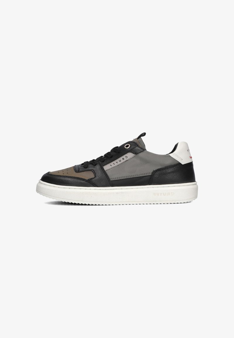 Leder-Sneaker mit einem grau-schwarzen Farbschema, ausgestattet mit einem strukturierten Obermaterial, abgerundeter Zehenpartie und einer weißen Gummisohle. Akzente umfassen Marken-Details.