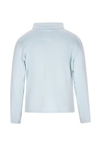 Himmelblaues langärmliges Poloshirt mit weichem Stoff, Stehkragen und nahtlosem Schulterdesign. Keine sichtbaren Logos oder Muster.