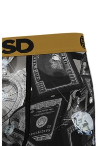 Men's boxer briefs with a yellow elastic waistband, featuring a black and white dollar bill and diamond graphic print.