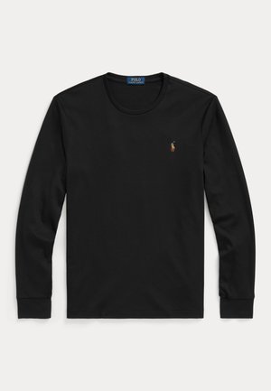 T-shirt noir à manches longues et col rond, avec des poignets côtelés et un petit logo brodé représentant un joueur de polo sur la poitrine.