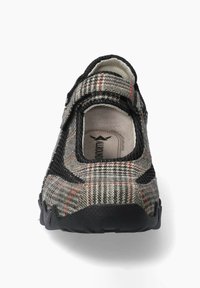 Chaussure à carreaux gris avec un bord en maille noire et une sangle Velcro. Doublure intérieure douce avec une semelle en caoutchouc texturée pour une meilleure adhérence.