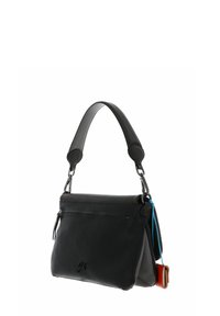 Borsa a tracolla nera in pelle con una forma strutturata, manico superiore e un compartimento con cerniera. Presenta accenti blu e arancioni a contrasto.