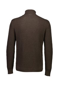 Brauner, gestrickter Pullover mit hohem Kragen, strukturiertem Rautenmuster und langen Ärmeln. Das Design hat eine figurbetonte Silhouette und gerippte Bündchen.