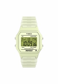 Digitale klok met een lichtgroene plastic behuizing en band, LCD-scherm dat tijd en datum toont, en INDIGLO achtergrondverlichting. Waterdicht.