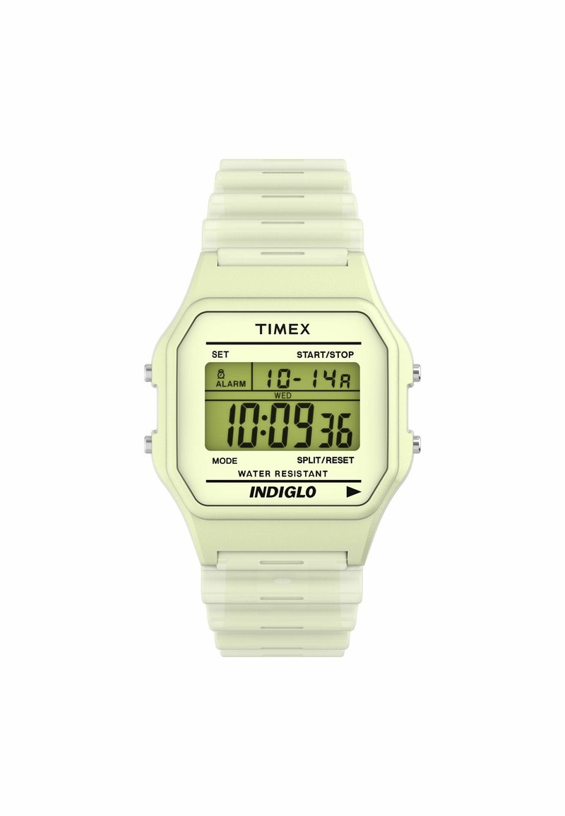 Digitale klok met een lichtgroene plastic behuizing en band, LCD-scherm dat tijd en datum toont, en INDIGLO achtergrondverlichting. Waterdicht.