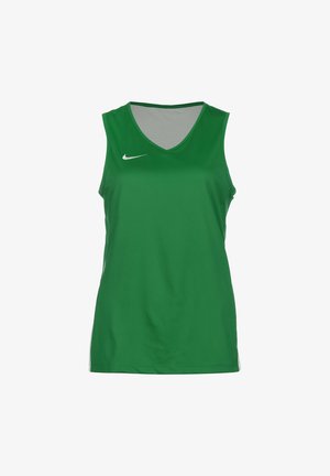 Maillot de sport Nike vert sans manches avec un col en V et le logo swoosh blanc sur le côté droit de la poitrine, conçu pour un usage sportif.