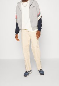 Felpa grigia con zip e strisce colorate sulle maniche, abbinata a pantaloni crema con cuciture sfilacciate. Sneakers blu completano l'outfit.