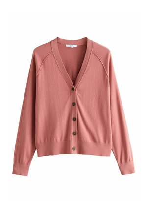Hellrosa Strickjacke mit V-Ausschnitt, langen Ärmeln und sechs braunen Knöpfen auf der Vorderseite, präsentiert vor einem weißen Hintergrund.