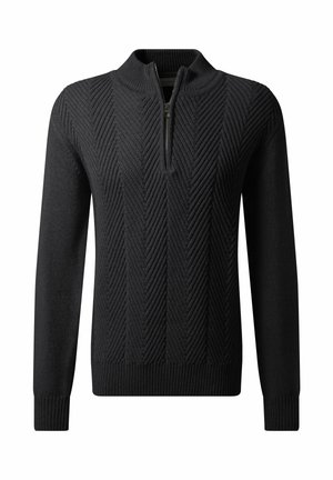 Black sweater with a half-zip neckline, featuring a textured herringbone pattern, ribbed cuffs, and a comfortable fit.