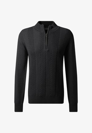 Schwarzer Pullover mit halbem Reißverschluss am Kragen, ausgestattet mit einem strukturierten Fischgrätmuster, gerippten Bündchen und einem bequemen Schnitt.