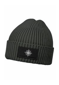 Dark gray knitted beanie with a ribbed texture and a black rectangular patch featuring a white compass design.