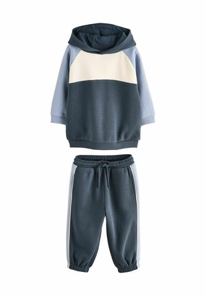 Set met hoodiesweater en sweatbroek met elastische taille voor kinderen in blauw-wit kleurblokdesign.