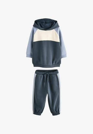 Hoodie und Sweatpants mit elastischem Bund für Kinder im blau-weißen Blockdesign.
