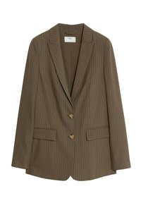 Hnědý sako s proužky, se zářezovým klopovým límcem, dvěma předními kapsami a dvěma knoflíkovými zapínáními. Vyrobeno z hladké látky, s přizpůsobeným střihem.