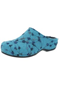 Filzpantoletten in Blau, mit einer strukturierten Oberfläche und floralem Muster in Dunkelblau und Grau, sowie einer leichten schwarzen Gummisohle.