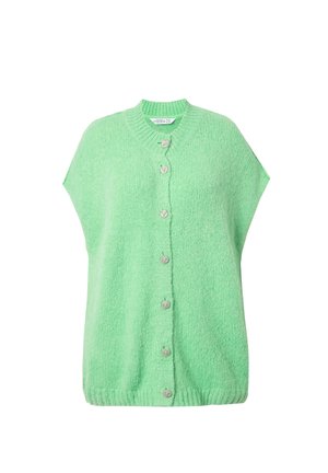 Cardigan tricoté vert avec des manches courtes, décolleté en V, et boutons argentés sur le devant. Texture douce, design décontracté et ourlet côtelé.