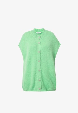 Cardigan tricoté vert avec des manches courtes, décolleté en V, et boutons argentés sur le devant. Texture douce, design décontracté et ourlet côtelé.
