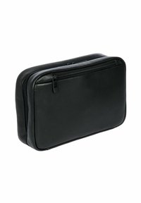 Zwarte leren rechthoekige tas met een gestructureerd oppervlak. Voorzien van een bovenste ritssluiting en een slanke profiel, geschikt voor accessoires of documenten.