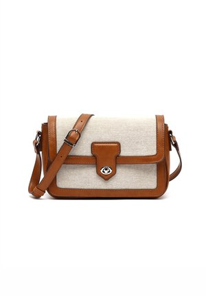 Rectangular beige fabric crossbody bag with brown leather trim, adjustable strap, and silver turn-lock clasp on front flap.