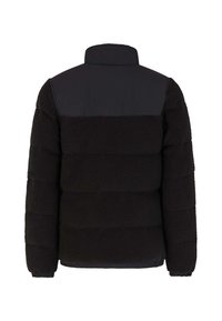 Sort dunjakke med struktureret fleece-krop, kontrasterende glatte stofskuldre, ribbede manchetter og en høj krave.