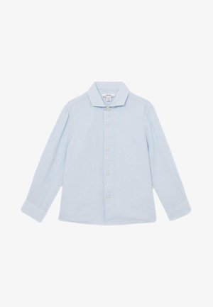 Camisa azul clara de manga larga con cuello, con cinco botones blancos en la parte delantera y puños abotonados.