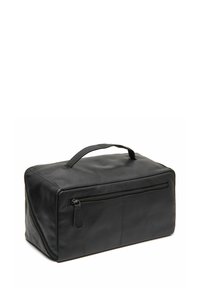Borsa rettangolare nera in pelle con manico superiore, tasca con zip frontale e superficie liscia. Presenta angoli angolari e linee pulite.