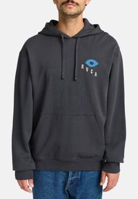 Dark gray hoodie with a kangaroo pocket, adjustable drawstring hood, and a blue eye graphic on the chest, made from a soft, textured fabric.
