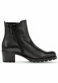 Bottines noires en cuir lisse avec une fermeture éclair sur le côté, un talon carré et une semelle en caoutchouc texturé, présentant un design élégant et ajusté.