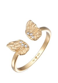 Anello color oro con due accenti a forma di foglia con dettagli testurizzati e tre piccoli diamanti trasparenti, contrassegnato con "Ag 925" per argento.