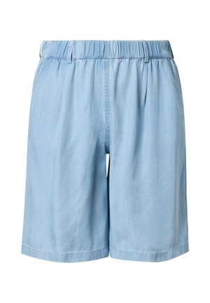 Lyseblå shorts med elastisk talje, bæltestropper og sidelommer, lavet af blødt, åndbart stof, velegnet til afslappet brug.