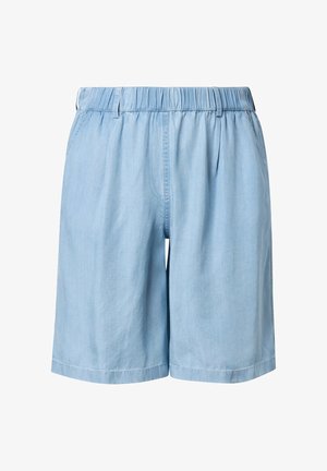 Světle modré šortky s elastickým pasem, poutky na pásek a postranními kapsami, vyrobené z měkké, prodyšné látky, vhodné pro běžné nošení.