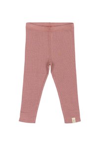 Ribbed leggings i blød støvet lyserød, lavet af et strækbart materiale. Har en tætsiddende talje og et lille brandmærke nær sømmen.