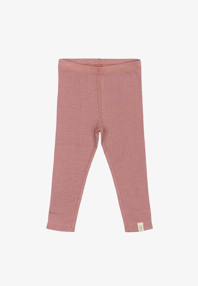 Prążkowane legginsy w delikatnym, przydymionym różu, wykonane z elastycznego materiału. Posiadają dopasowany pas i małą metkę z logo marki w pobliżu dołu.