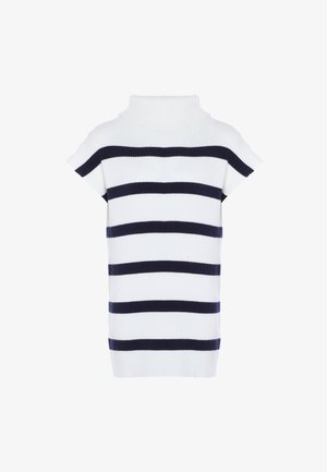 Weißer Strickrollkragenpullover mit kurzen Ärmeln, der marineblaue horizontale Streifen aufweist. Glatte Textur, lässiges Design und lockere Passform.