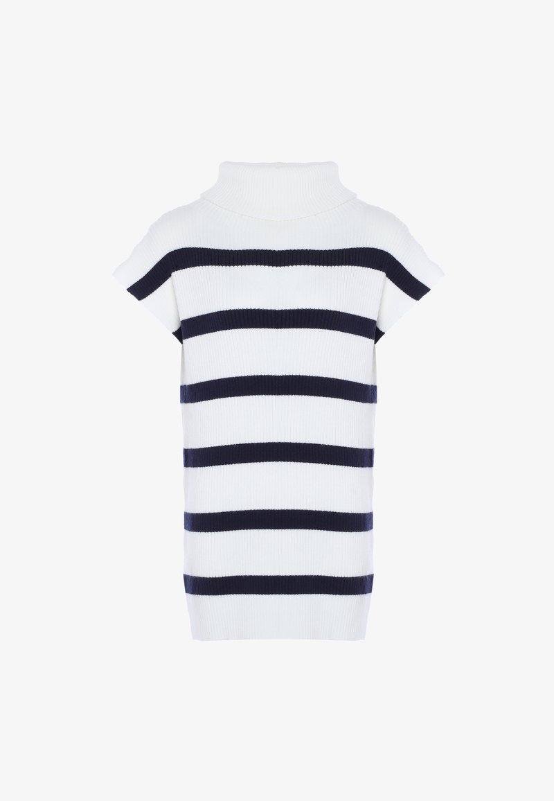 Fehér kötött garbós pulóver rövid ujjal, tengerészkék vízszintes csíkokkal. Simára kidolgozott textúra, laza dizájn és kényelmes fazon.