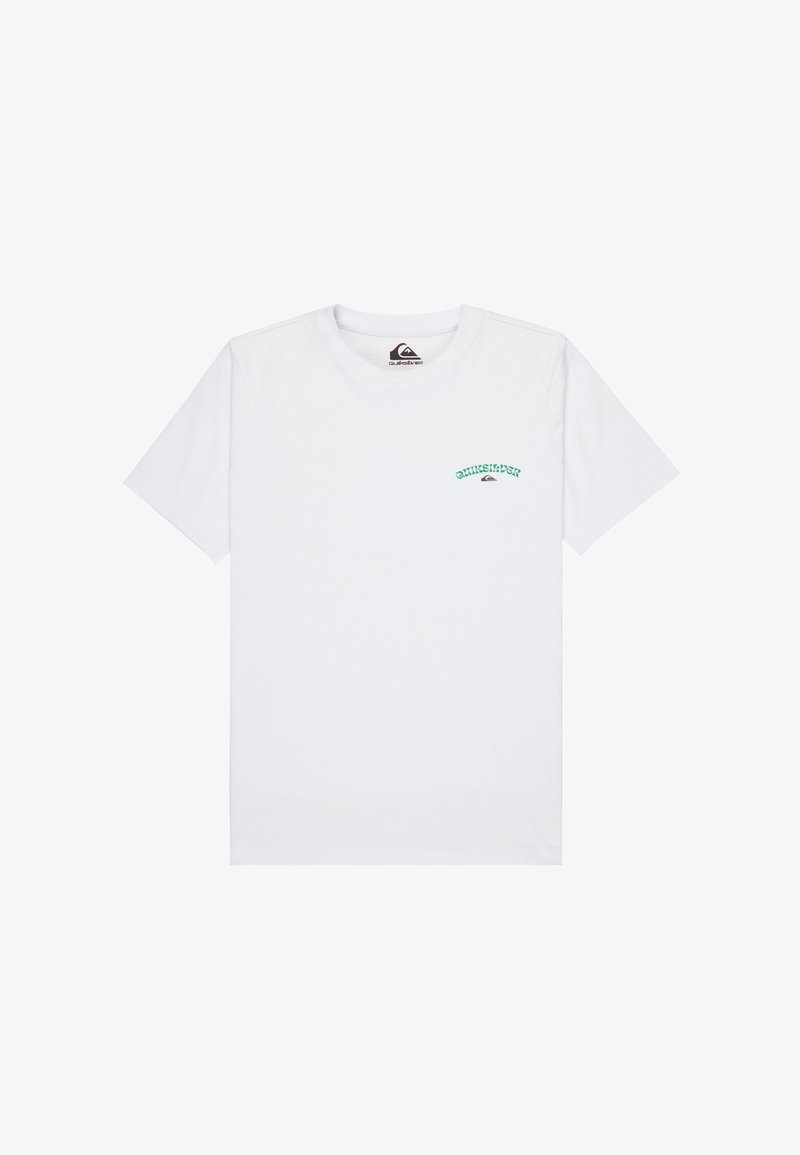 T-shirt blanc à manches courtes avec col rond, petit texte "Quiksilver" vert et logo sur le côté gauche de la poitrine.
